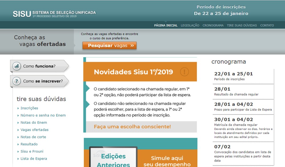 INSCRIÇÕES PARA o Sisu devem ser feitas na através da página do sistema na internet